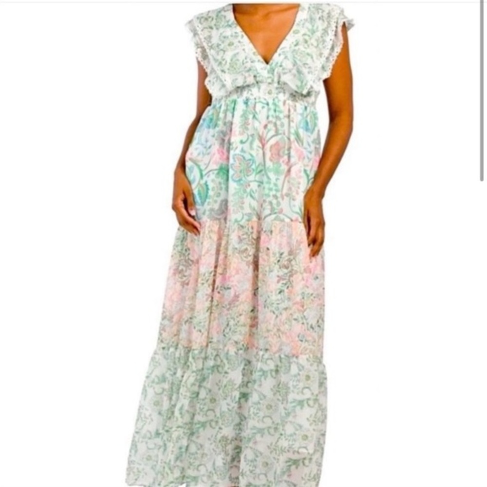 House of Harlow 1960 X Revolve Floral Tiered Flutter Lace Maxi Dress Size Small - Picture 3 of 14